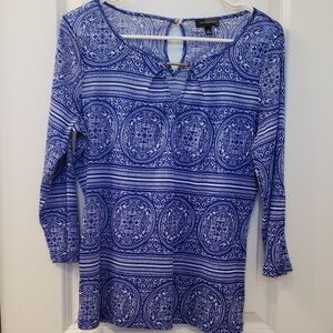 The Limited Blue 3/4 Sleeve Blouse with Geometric Pattern